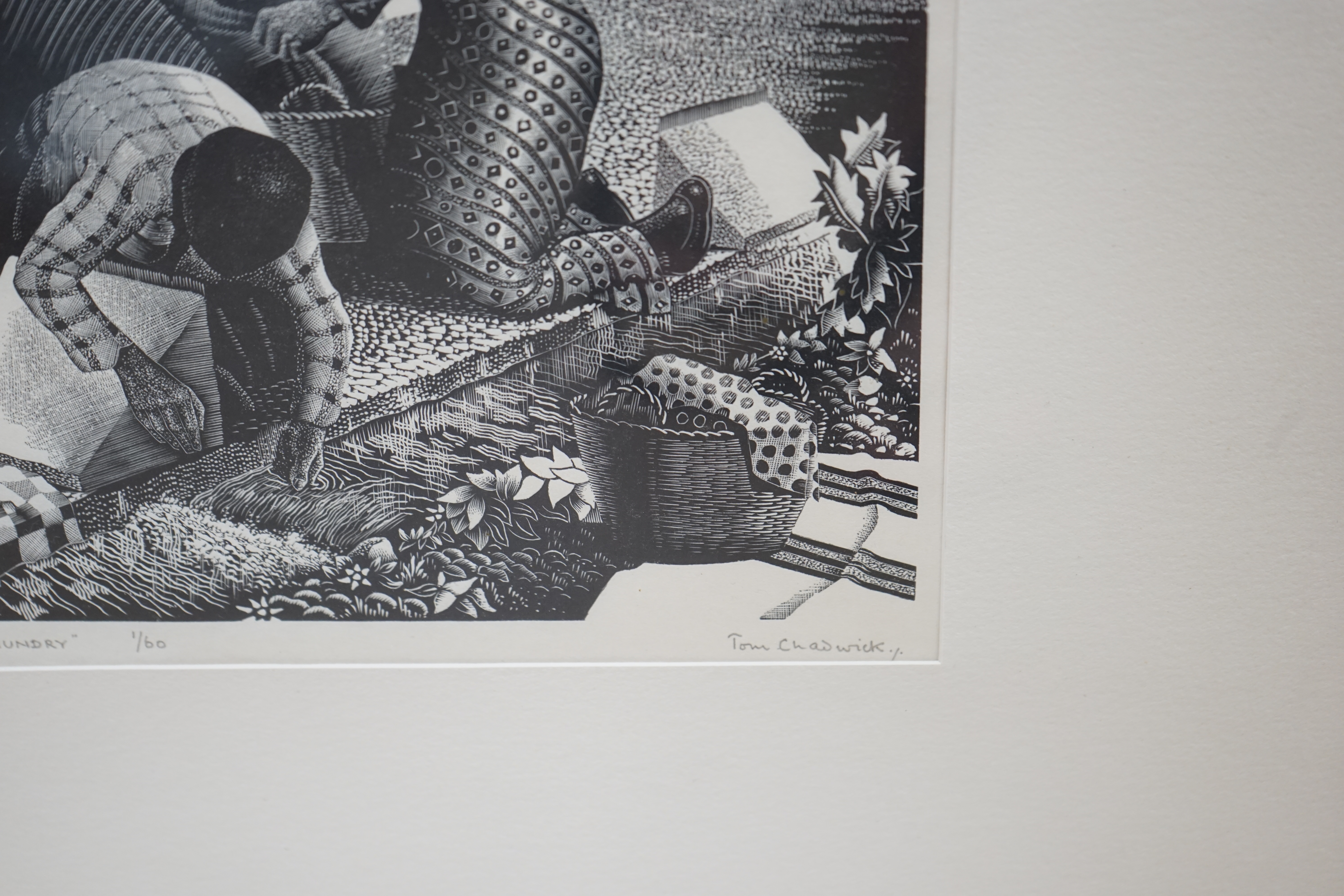Tom Chadwick (1915-1942), woodcut, 'Wayside laundry', limited edition, 1/60, signed in pencil, 26.5 x 21cm. Condition - fair to good